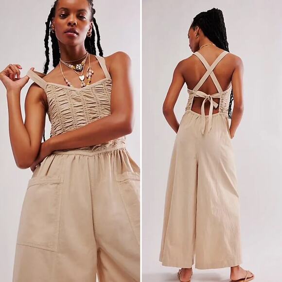 Free People Forever & Always Ruched One-Piece Jumpsuit Sz Small Light Sand NWT - Picture 1 of 11